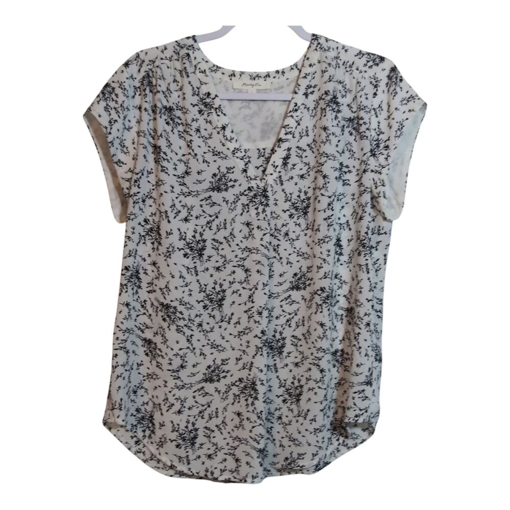 Monday Fun White Black Floral Print Women's Short Sleeve Blouse Top Size L